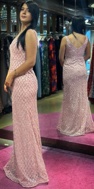 Rose Thick Strap Beaded Straight Cut Glitter Long Evening Dress 7587 - 3