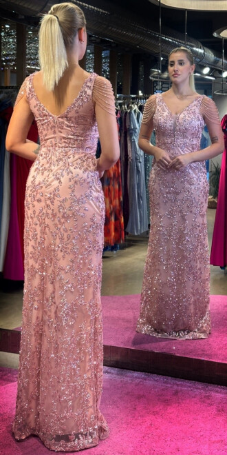 Rose Thick Strap Beaded Straight Cut Glitter Long Evening Dress 7596 - 5