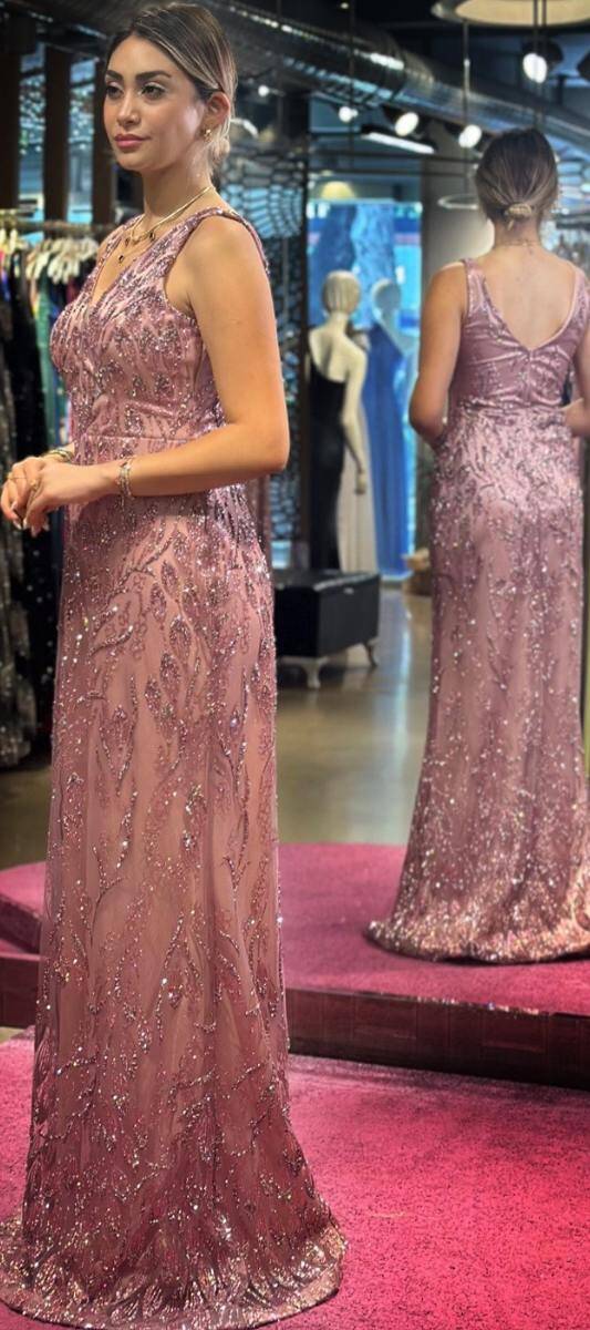 Rose Thick Strap Straight Cut Glitter Long Evening Dress 7595 - 3