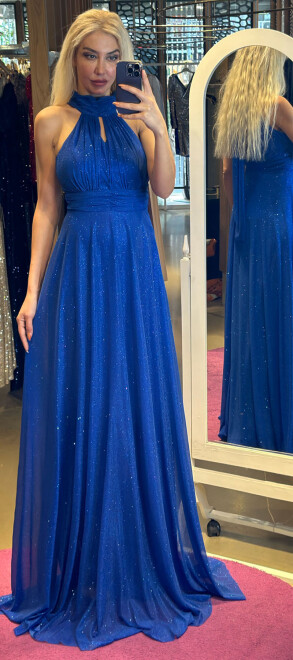 Saxe Blue Belted Low-Cut Back Flared Skirt Glitter Fabric Long Evening Dress 6646 - 1