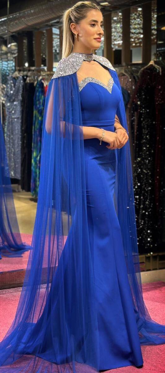 Saxe Blue Cape Mermaid Skirt Crepe Long Evening Dress 7558 - 3