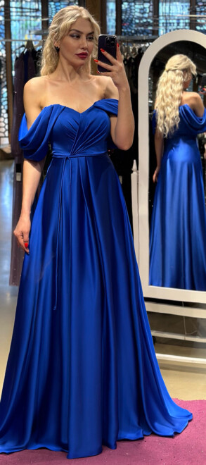 Saxe Blue Flared Skirt Satin Long Evening Dress 7350 