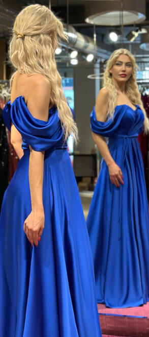 Saxe Blue Flared Skirt Satin Long Evening Dress 7350 - 3