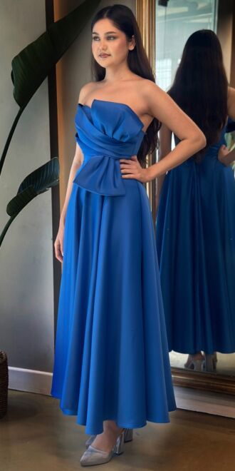 Saxe Blue Flared Skirt Satin Midi Evening Dress 7657 