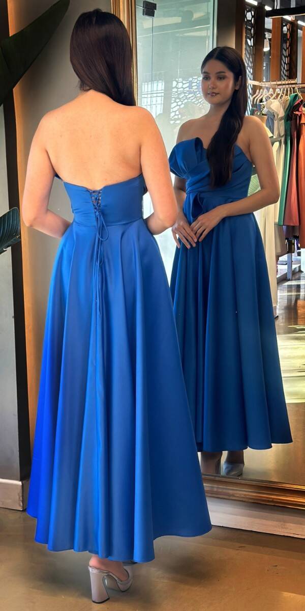 Saxe Blue Flared Skirt Satin Midi Evening Dress 7657 - 5