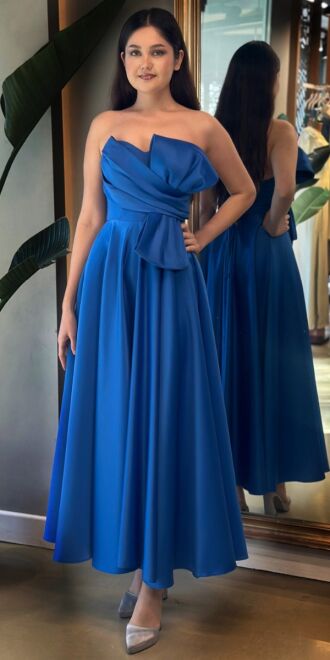 Saxe Blue Flared Skirt Satin Midi Evening Dress 7657 - 3