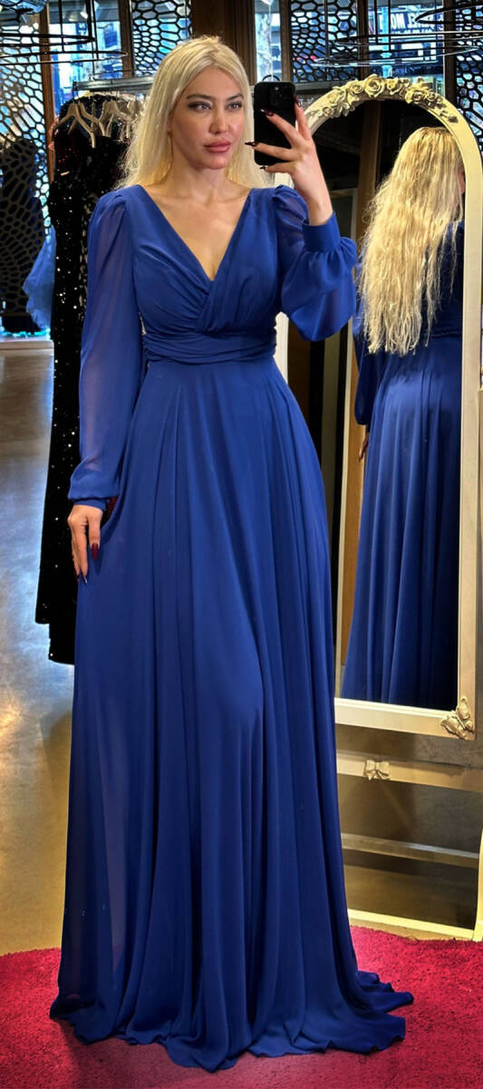 Saxe Blue Long Sleeve Chiffon Long Evening Dress 7486 - 1