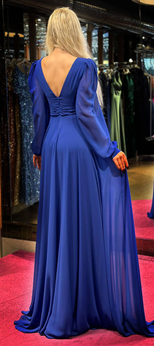 Saxe Blue Long Sleeve Chiffon Long Evening Dress 7486 - 5