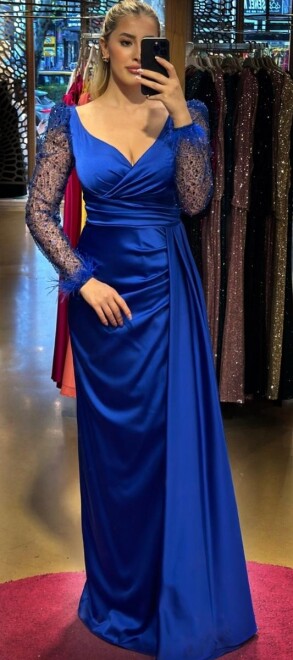 Saxe Blue Long Sleeve Feather Detailed Slit Straight Cut Satin Long Evening Dress 7442 - 1