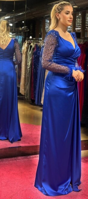 Saxe Blue Long Sleeve Feather Detailed Slit Straight Cut Satin Long Evening Dress 7442 - 3