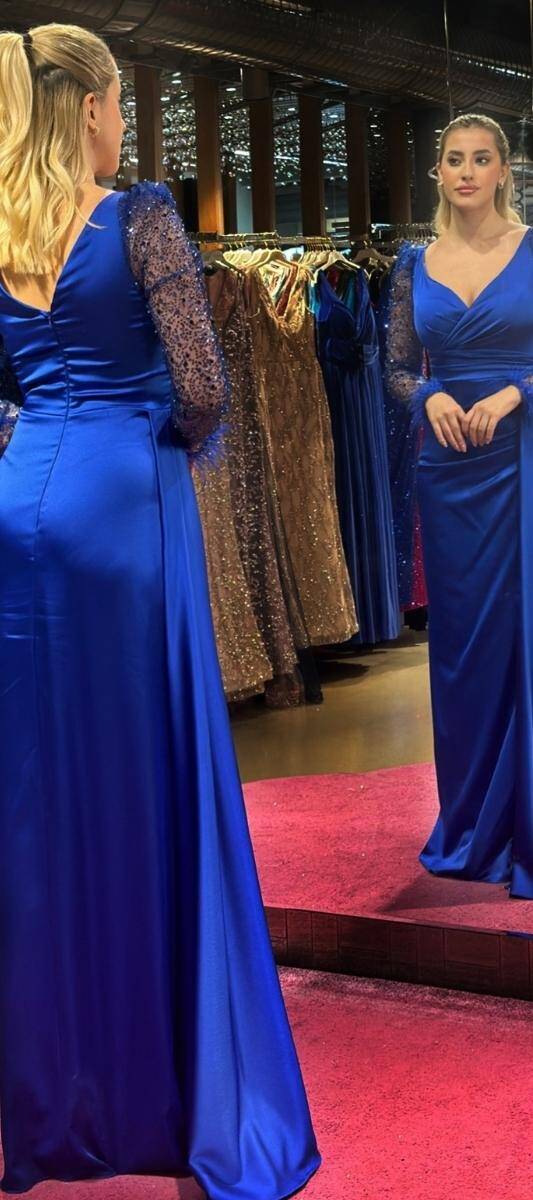 Saxe Blue Long Sleeve Feather Detailed Slit Straight Cut Satin Long Evening Dress 7442 - 5