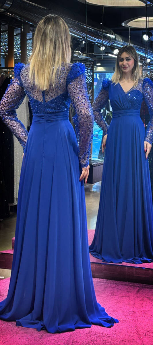 Saxe Blue Long Sleeve Flared Skirt Chiffon Long Evening Dress 7417 - 3