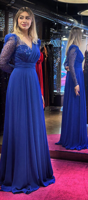 Saxe Blue Long Sleeve Flared Skirt Chiffon Long Evening Dress 7417 - 5