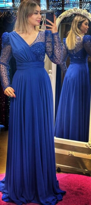 Saxe Blue Long Sleeve Flared Skirt Chiffon Long Evening Dress 7417 