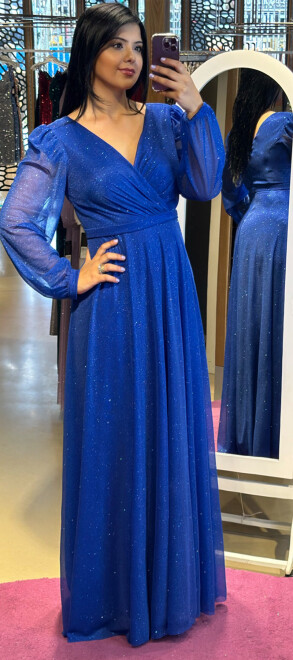 Saxe Blue Long Sleeve Flared Skirt Glitter Long Evening Dress 7219 - 1