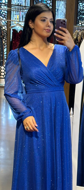 Saxe Blue Long Sleeve Flared Skirt Glitter Long Evening Dress 7219 - 2