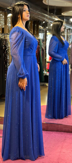 Saxe Blue Long Sleeve Flared Skirt Glitter Long Evening Dress 7219 - 3