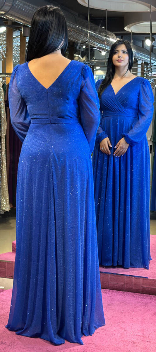 Saxe Blue Long Sleeve Flared Skirt Glitter Long Evening Dress 7219 - 5