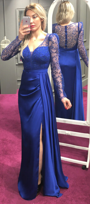 Saxe Blue Long Sleeve Slit Straight Cut Satin Long Evening Dress 7244 