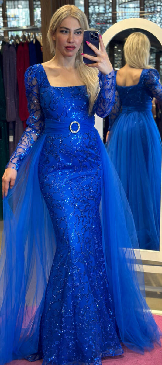 Saxe Blue Long Sleeve Straight Cut Glitter Long Evening Dress 7363 - 1