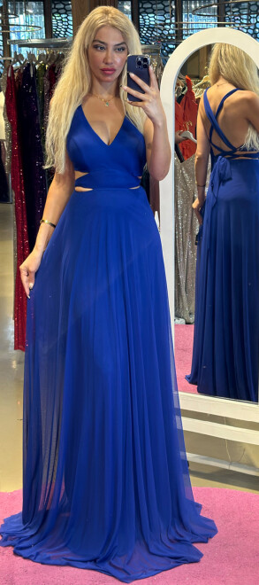 Saxe Blue Low-Cut Back Flared Skirt Lycra Long Evening Dress 6556 