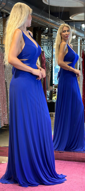 Saxe Blue Low-Cut Back Flared Skirt Lycra Long Evening Dress 6556 - 3