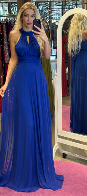 Saxe Blue Low-Cut Back Flared Skirt Tulle Long Evening Dress 6034 