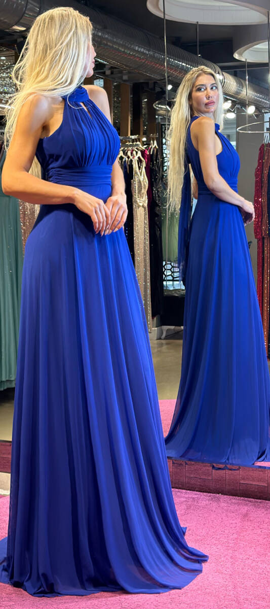 Saxe Blue Low-Cut Back Flared Skirt Tulle Long Evening Dress 6034 - 3