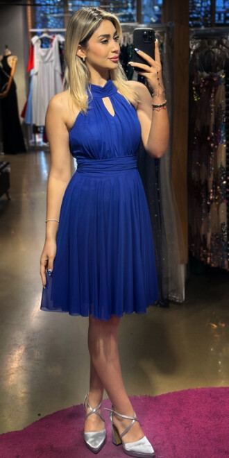 Saxe Blue Low-Cut Back Flared Skirt Tulle Short Evening Dress 6050 - 1