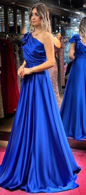 Saxe Blue One Shoulder Flared Skirt Satin Long Evening Dress 7501 - 3