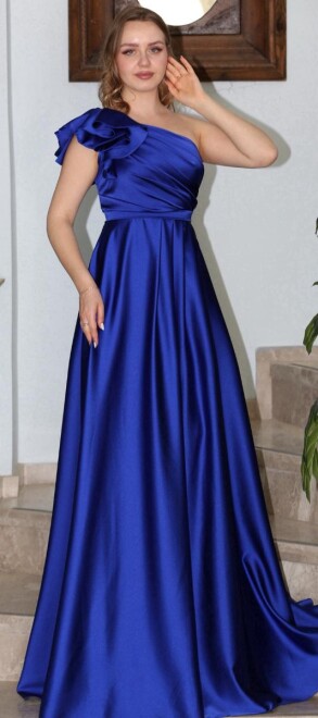 Saxe Blue One Shoulder Flared Skirt Satin Long Evening Dress 7501 