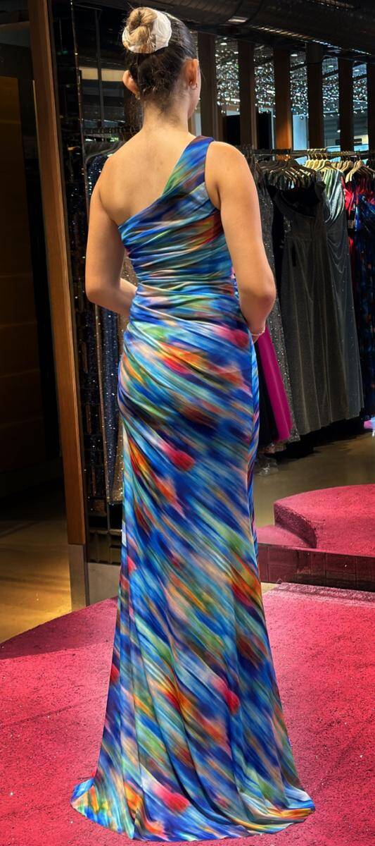 Saxe Blue One Shoulder Slit Patterned Long Evening Dress 7591 - 5