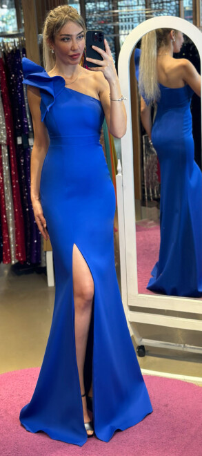 Saxe Blue One Shoulder Slit Straight Cut Crepe Long Evening Dress 6956 