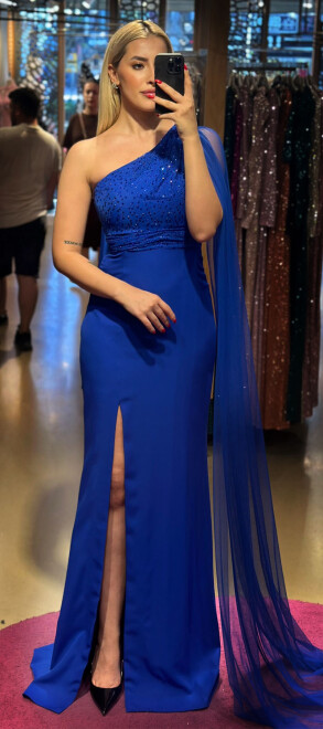 Saxe Blue One Shoulder Slit Straight Cut Crepe Long Evening Dress 7550 - 1