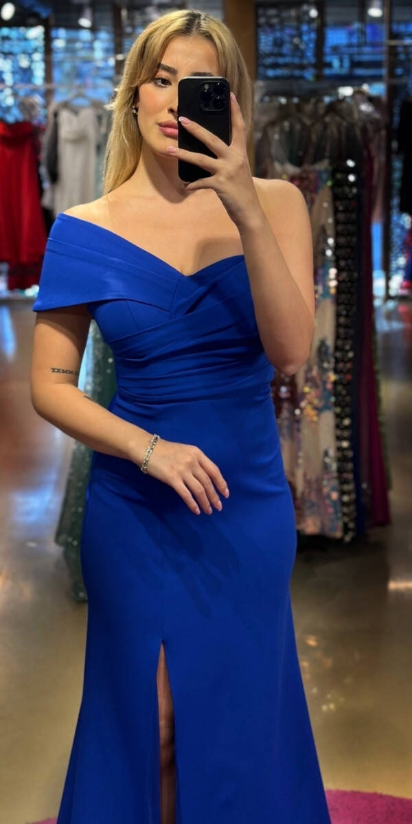 Saxe Blue One Shoulder Slit Straight Cut Crepe Long Evening Dress 7571 - 2