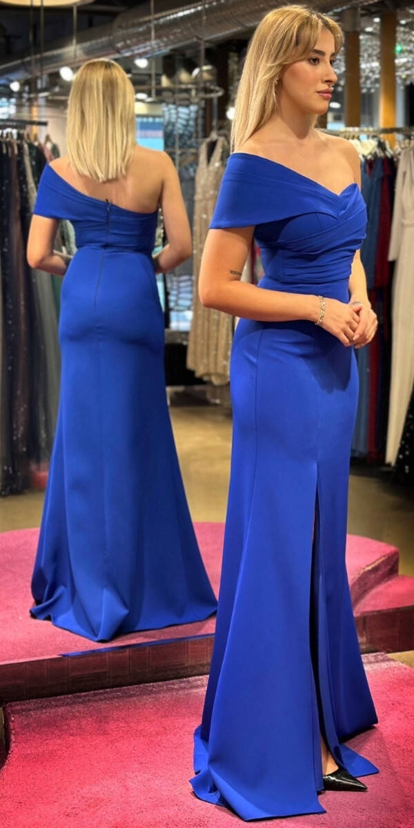 Saxe Blue One Shoulder Slit Straight Cut Crepe Long Evening Dress 7571 - 3