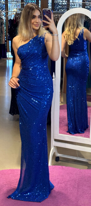 Saxe Blue One Shoulder Slit Straight Cut Sequin Long Evening Dress 7383 