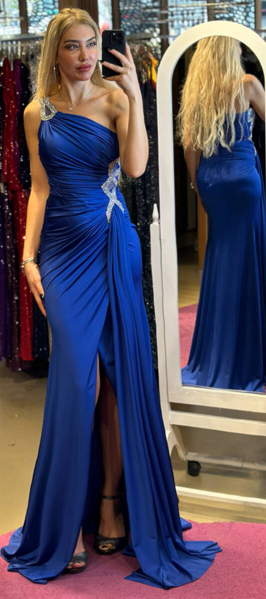 Saxe Blue One Shoulder Stone Detailed Wrap Slit Lycra Long Evening Dress 7414 - 1