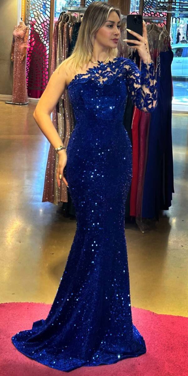 Saxe Blue One Sleeve Mermaid Skirt Velvet Sequin Long Evening Dress 7452 - 1