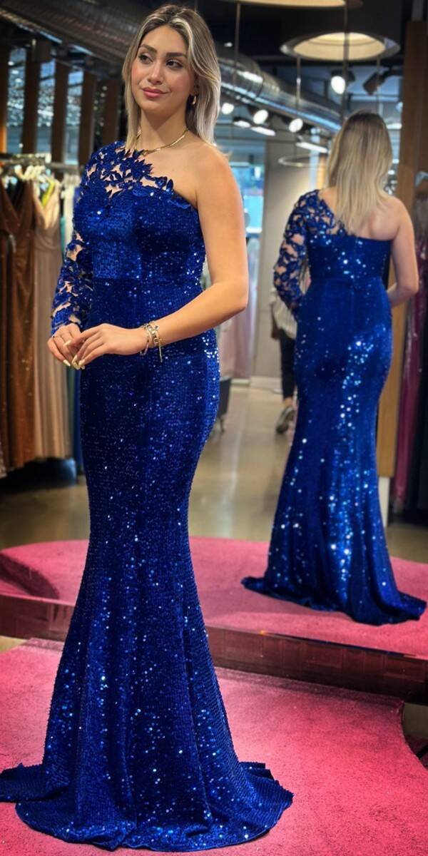 Saxe Blue One Sleeve Mermaid Skirt Velvet Sequin Long Evening Dress 7452 - 3