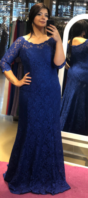 Saxe Blue Short Sleeve Lace Detailed Straight Cut Glitter Fabric Long Evening Dress 6032 - 1