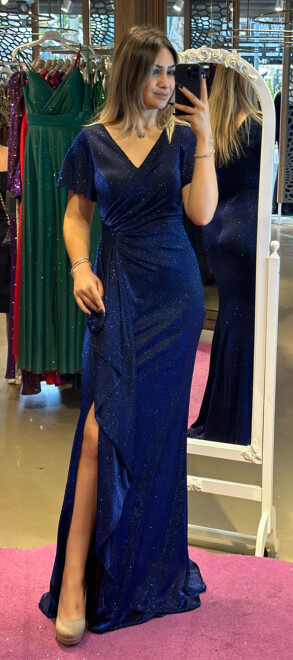 Saxe Blue Short Sleeve Slit Straight Cut Glitter Long Evening Dress 7439 