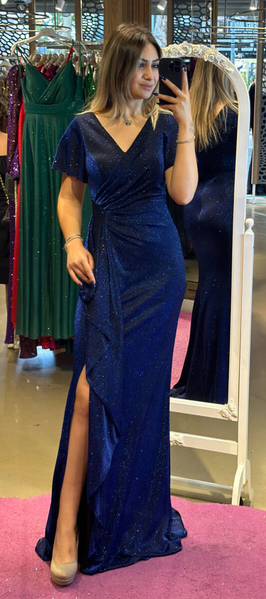 Saxe Blue Short Sleeve Slit Straight Cut Glitter Long Evening Dress 7439 - 1