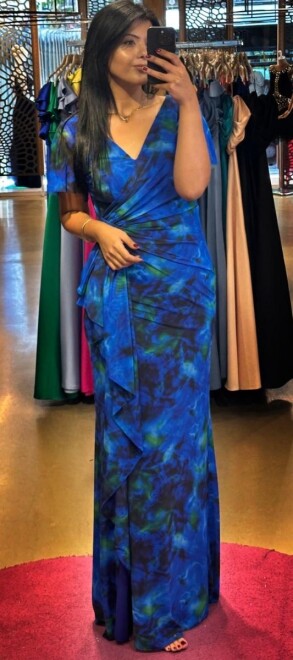 Saxe Blue Short Sleeve Slit Straight Cut Patterned Long Evening Dress 7580 