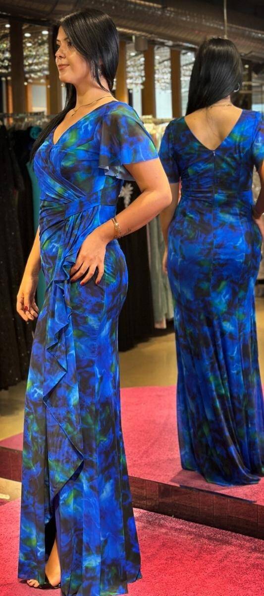 Saxe Blue Short Sleeve Slit Straight Cut Patterned Long Evening Dress 7580 - 3