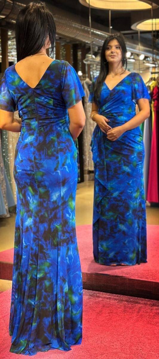 Saxe Blue Short Sleeve Slit Straight Cut Patterned Long Evening Dress 7580 - 5