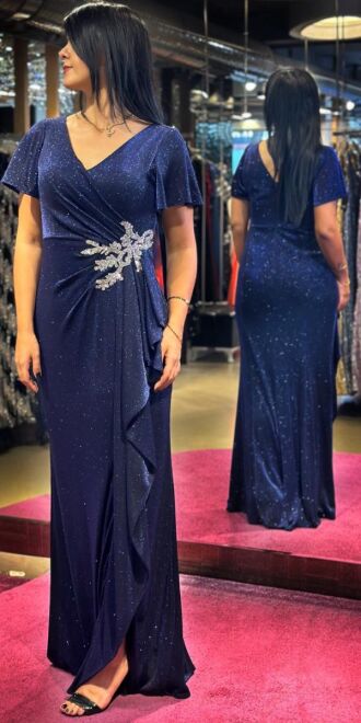 Saxe Blue Short Sleeve Stone Detailed Slit Straight Cut Glitter Long Evening Dress 7636 - 3