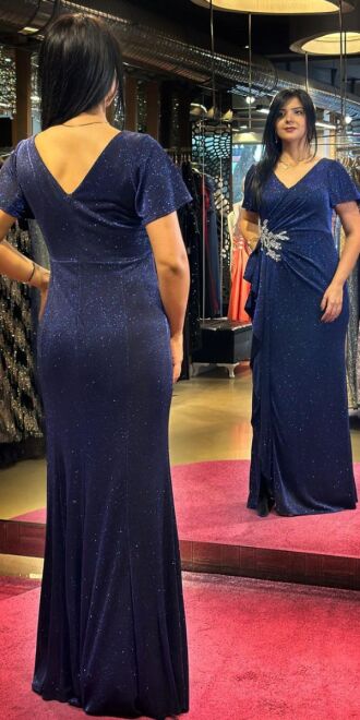 Saxe Blue Short Sleeve Stone Detailed Slit Straight Cut Glitter Long Evening Dress 7636 - 5