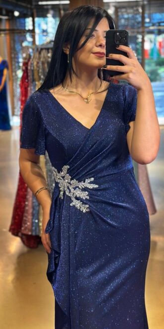 Saxe Blue Short Sleeve Stone Detailed Slit Straight Cut Glitter Long Evening Dress 7636 - 2