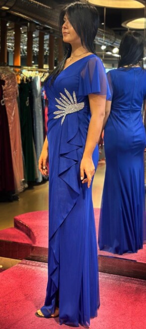 Saxe Blue Short Sleeve Stone Detailed Slit Straight Cut Tulle Long Evening Dress 7613 - 3